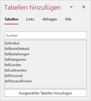 Dialog zum Hinzufügen von Tabellen