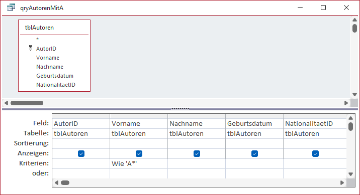 Abfrage zum Ermitteln aller Autoren, deren Vorname mit A beginnt.
