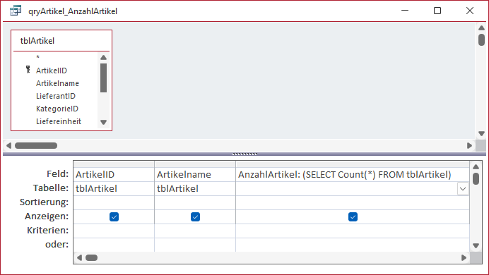 Beispiel einer Unterabfrage zur Ermittlung der Artikelanzahl