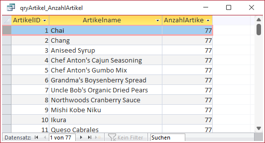 Die Anzahl der Artikel erscheint in jeder Zeile.