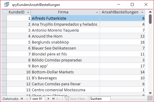 Ausgabe der Anzahl der Bestellungen je Kunde