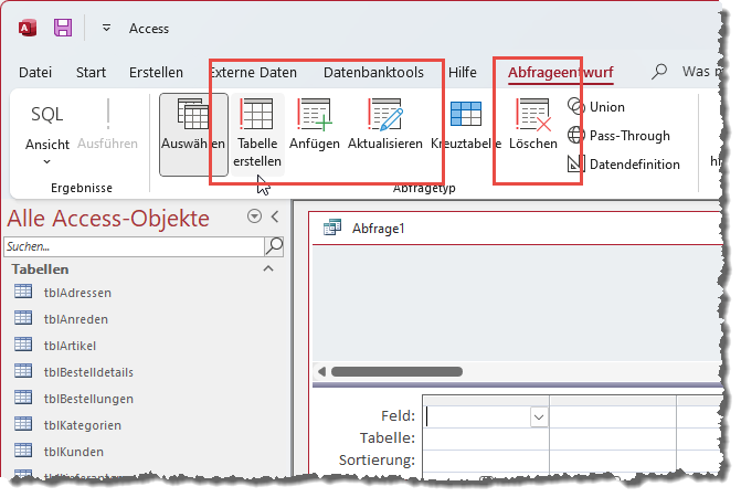 Die Befehle tauchen erst im Entwurf einer neuen Auswahlabfrage auf.