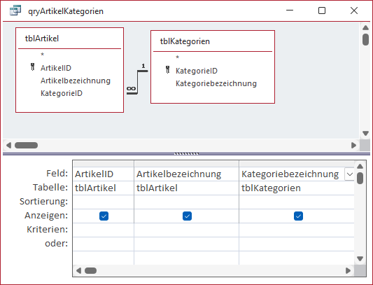 Beim Hinzufügen von Tabellen übernimmt Access die Beziehungen aus dem Beziehungen-Fenster.