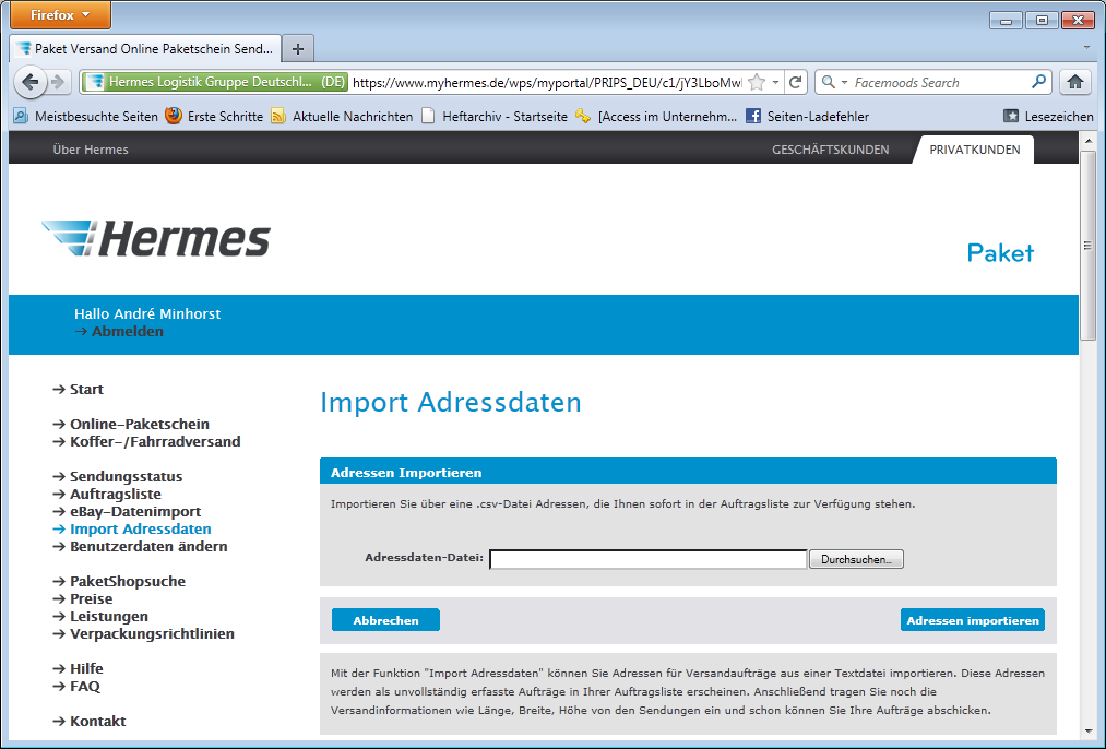 Schnittstelle zum Hochladen von CSV-Dateien mit Adressenlisten