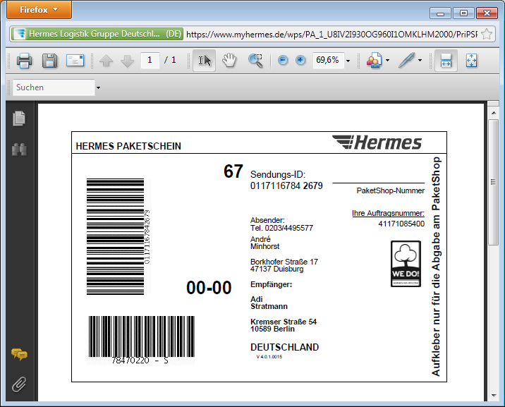 Hermes De Online Paketschein Mit Hillel