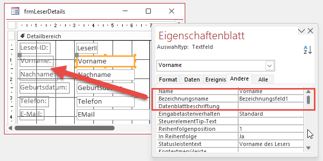Angabe des Bezeichnungsfeldes eines Textfeldes