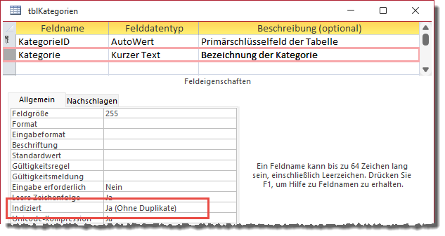 Tabelle zum Speichern der Kategorien