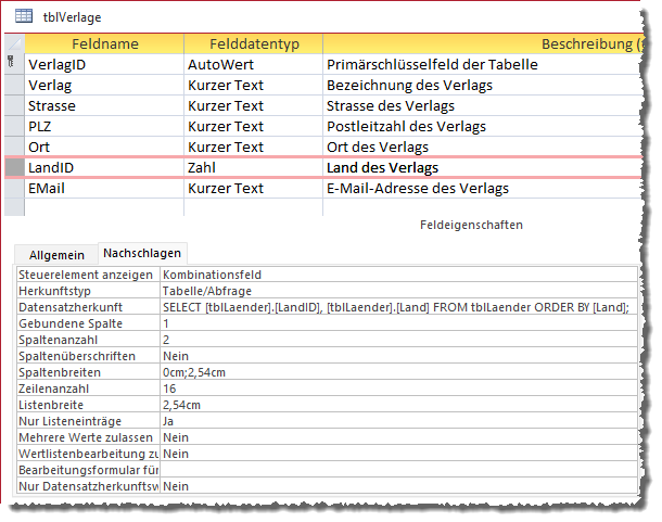 Tabelle zum Speichern der Verlage