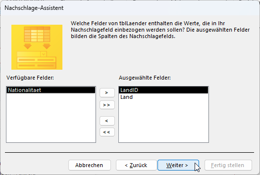 Hinzufügen der Felder für das Nachschlagefeld