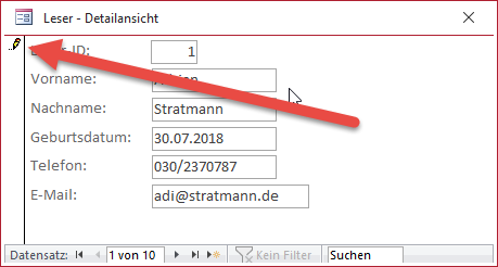 Anzeige des aktuellen Zustands des Datensatzes