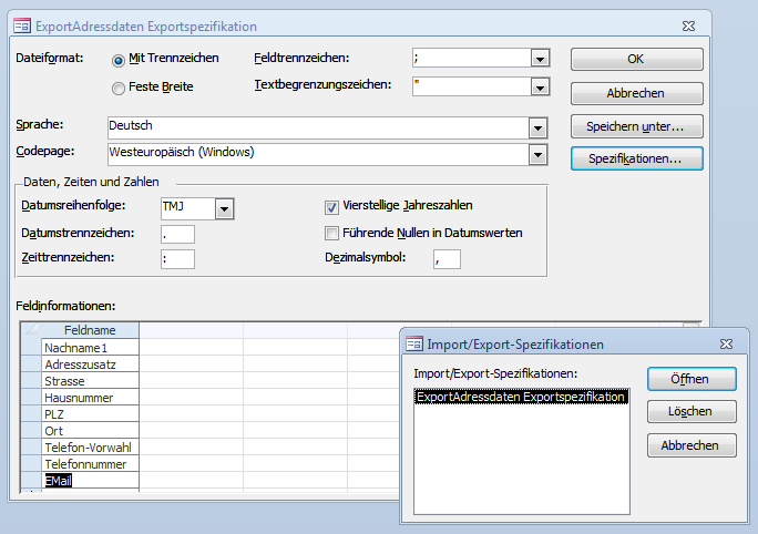 öffnen oder Löschen bestehender Spezifikationen