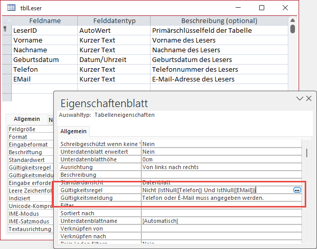 Beispiel für eine Gültigkeitsregel mit eingebauten Funktionen