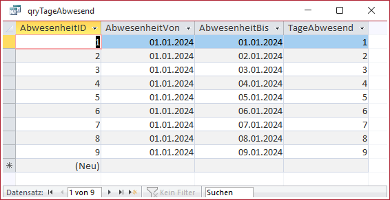 Die Abfrage qryTageAbwesend in der Datenblattansicht