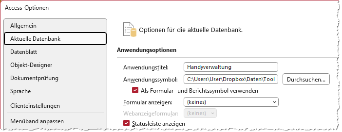 Einstellungen für die aktuelle Datenbank