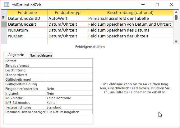 Tabelle mit Feldern für Datum/Uhrzeit, Datum und Uhrzeit