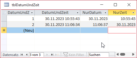 Tabelle mit Feldern für Datum/Uhrzeit, Datum und Uhrzeit in der Datenblattansicht