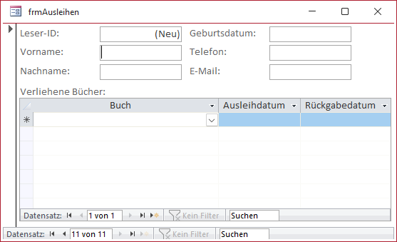 Haupt- und Unterformular mit einem neuen, leeren Datensatz
