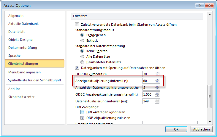 Einstellen des Aktualisierungsintervalls