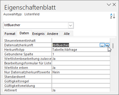 Bearbeiten der Datensatzherkunft des Listenfeldes