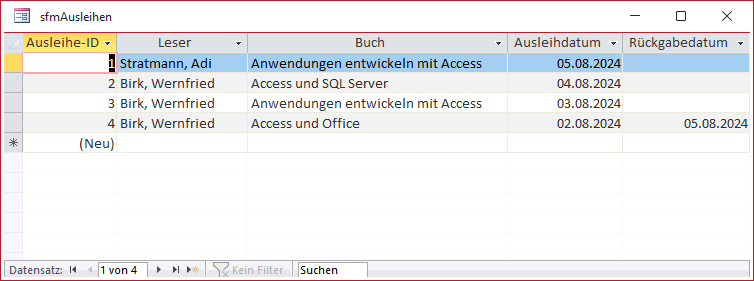 Die Ausleih-Informationen in einem Formular in der Datenblattansicht