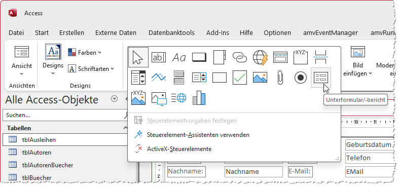 Auswahl des Unterformular-Steuerelements