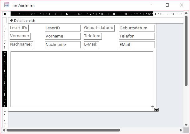 Aufziehen des Rahmens für das Unterformular-Steuerelement