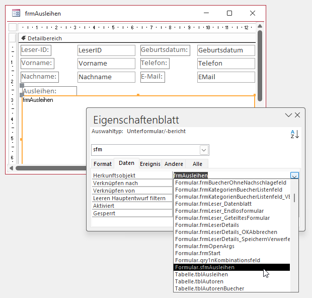 Einstellen des anzuzeigenden Unterformulars