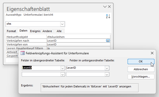 Einstellen der beiden Eigenschaften Verknüpfen nach und Verknüpfen von mit dem Feldverknüpfungs-Assistent für Unterformulare
