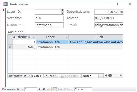 Hauptformular und Unterformular nach dem Wechsel in die Formularansicht