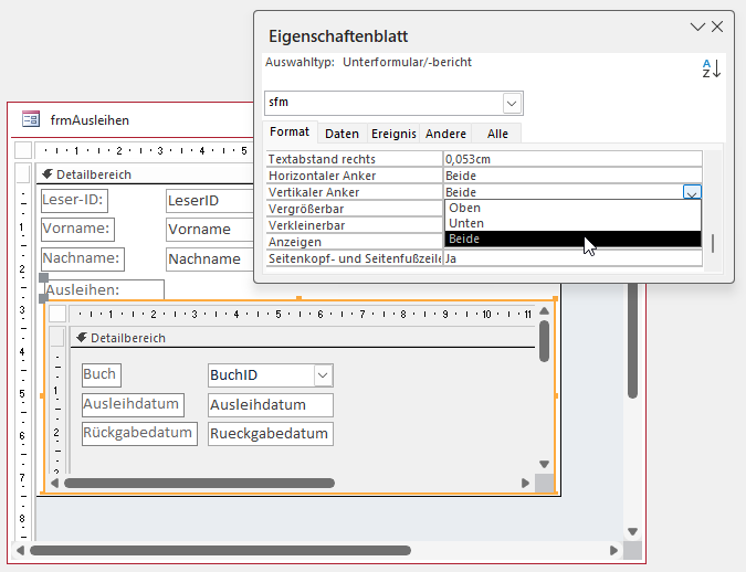 Einstellen der Größenanpassung des Unterformulars