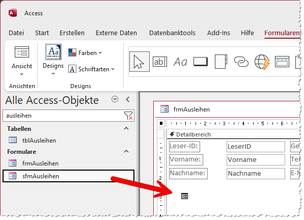 Hinzufügen eines Unterformulars aus dem Navigationsbereich