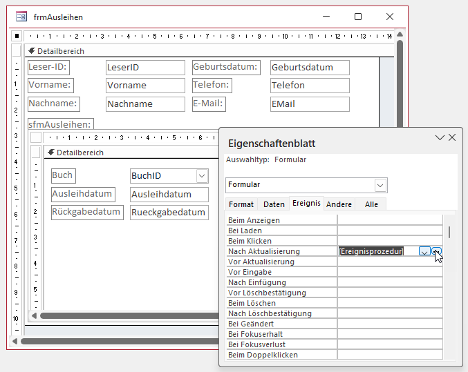 Hinzufügen eines Ereignisses zum Feld BuchID