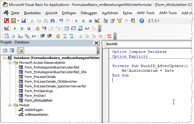 Füllen des Ereignisses für das Feld BuchID