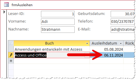 Das Ausleihdatum wird automatisch gefüllt.