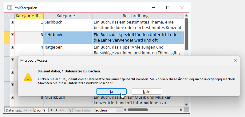 Meldung beim Löschen eines Datensatzes der Tabelle tblKategorien