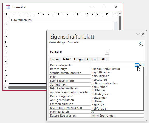 Auswahl der Datensatzquelle für ein Formular