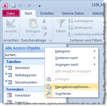 Aufrufen der Navigationsoptionen unter Access 2007 und jünger