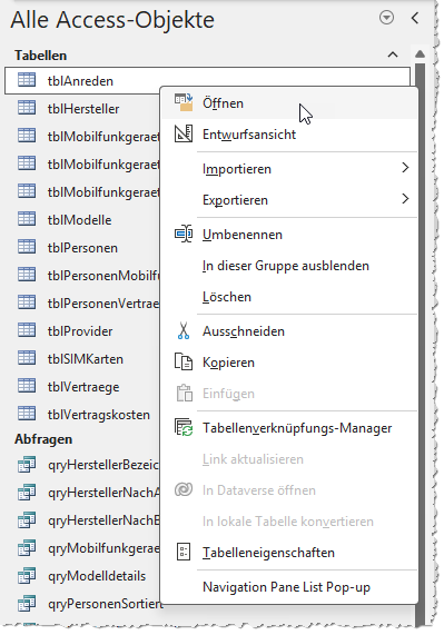 Öffnen eines Datenbankobjekts