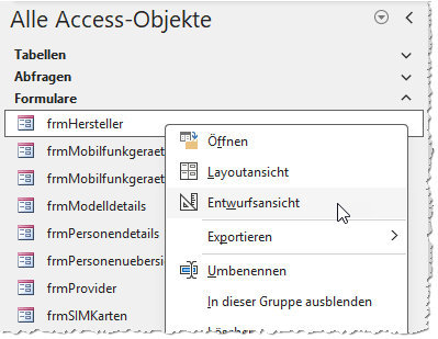 Öffnen von Formularen per Kontextmenü
