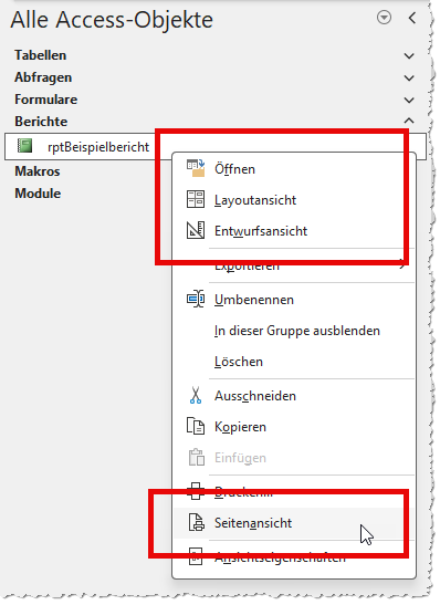 Öffnen von Berichten per Kontextmenü