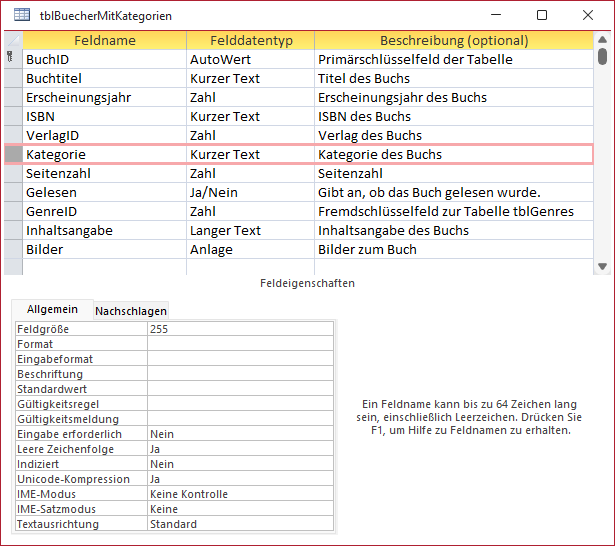 Entwurf der Tabelle tblBuecherMitKategorien