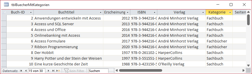 Die Tabelle tblBuecherMitKategorien in der Datenblattansicht