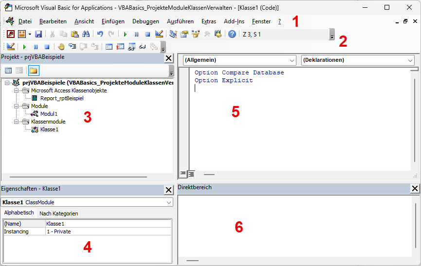 Übersicht über die Standardelemente des VBA-Editors