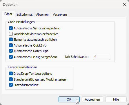 Optionen im Bereich Editor