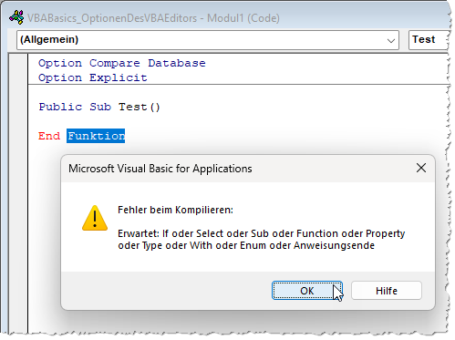 Meldung durch die Option Automatische Syntaxüberprüfung