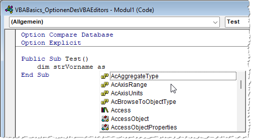 IntelliSense wird durch die Option Elemente automatisch auflisten aktiviert.