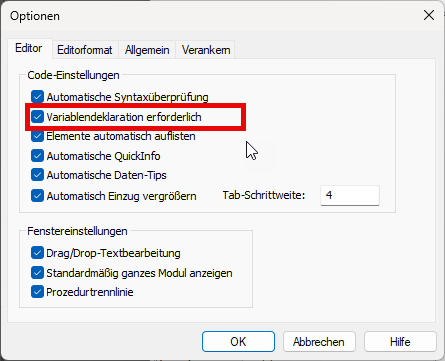 Automatisches Hinzufügen der Zeile Option Explicit zu jedem neuen Modul