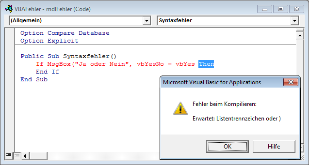 Syntaxfehler durch eine fehlende Klammer
