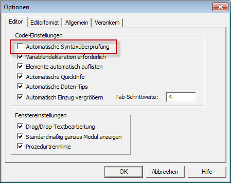 Deaktivieren der Anzeige von Syntaxfehlern
