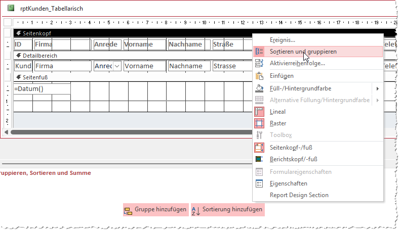 Aktivieren des Bereichs zum Anlegen von Gruppierungen und Sortierungen